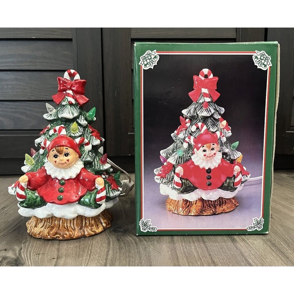 Vintage Christmas Fine Ceramic Jester on Tree Nite Lite Light Up Tree